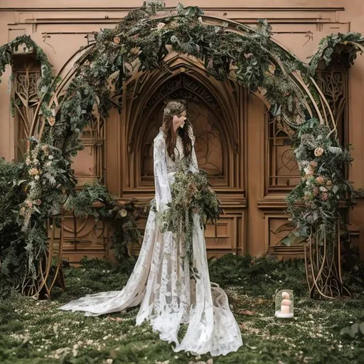 Prompt: a brilliantly detailed art nouveau style wedding arch with windows including forest floral and ethereal elements
