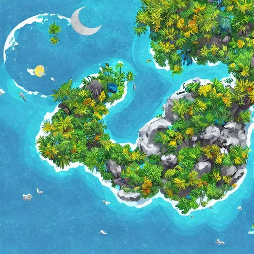 Prompt: In a bird’s eye view of a tropical island in a moon shape. In a 2d art style, You are able to see the whole island