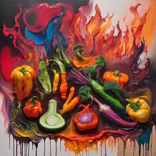 Prompt: melted painting with vegetables, blurry surroundings, surrealistic, vibrant colors, fire in the background