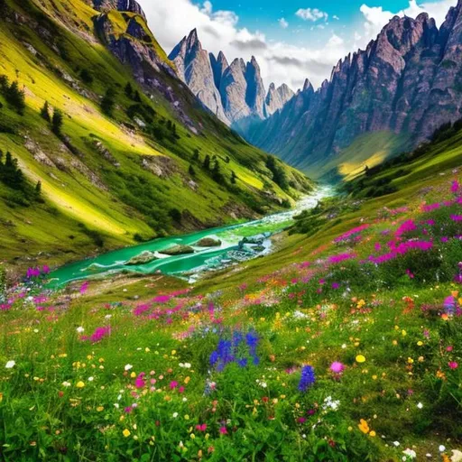 Prompt: Imagine a landscape that is filled with lush greenery and vibrant colours. A valley with a river  filled with wildflowers on both sides of the river and surrounded by snow-capped mountains. The contrast between the colourful flowers and the white mountains was breathtaking.
