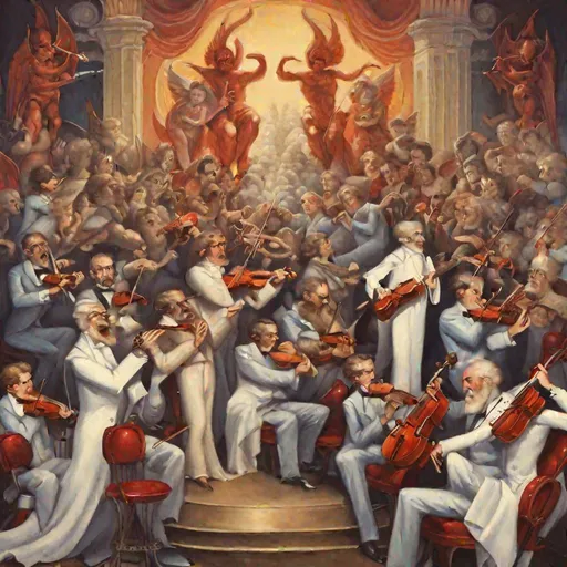 Prompt: painting of "God conducting the orchestra playing a private symphony to the Devil on a throne" in art deco style "Every complaint the worlds tiniest violin" "angels on trumpets" "cannon overture"