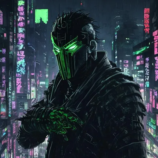 Prompt: Original villain.  Brawn. Sinister. Very Dark image with lots of shadows. Background partially destroyed neo Tokyo. Noir anime. Gritty. Dirty. Black with neon forest green accents. armour. Creepy mask. Bionic enhancements. 