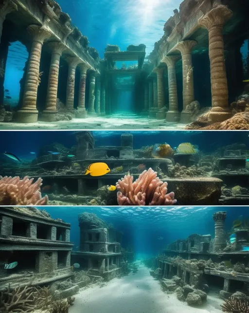 Prompt: An underwater image of the legendary sunken city of Atlantis, with ornate ancient pillars, arches and statues covered in coral and sea plants swaying gently in the currents. Schools of bright tropical fish swim through the ruins. Shot with a Canon 5Ds in an underwater housing, using a 16-35mm wide angle lens and strobes to illuminate the scene. The lighting rays down through the blue water, casting an otherworldly glow over the long lost city. The mood is haunting yet beautiful, like discovering a shipwreck. In the style of Alphonse de Neuville.