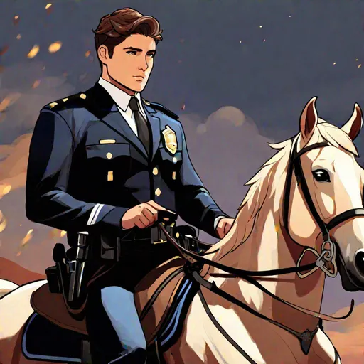 Prompt: Caleb  as a police officer (brown hair) (brown eyes) wearing a tuxedo, full body, riding a demon horse