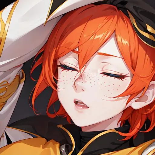 Prompt: Erikku male adult (short ginger hair, freckles, eyes closed) UHD, 8K, Highly detailed, insane detail, best quality, high quality,  anime style, upset