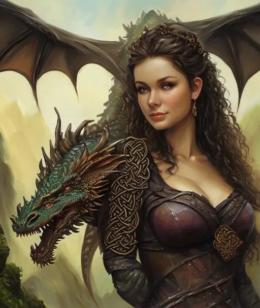 Prompt: Dragon on shoulder, Beautiful, Cleavage, Female, Celtic, Irish, Oil Painting