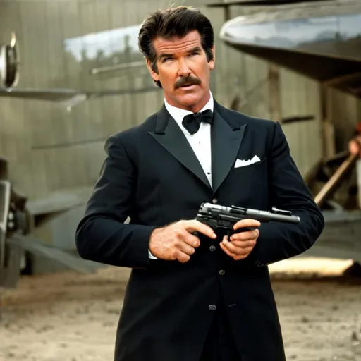 Prompt: age 35 pierce brosnan with a thick mustache as james bond with a thick mustache holding a walther ppk
