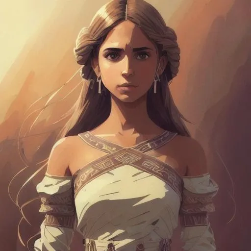 Prompt: Portrait painting of Naomi Scott in a beige tribal cueitl dress from Final fantasy in the battlefield of the Sandoria. Brown long hair, By Ilya Kuvshinov, manga, anime style, 80's, Intricate, Hand drawn, concept art, bright color, dim lighting, Anime Key Visual, beautiful composition