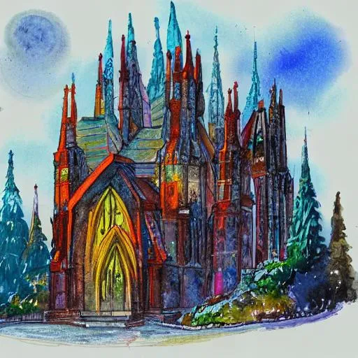 Prompt: watercolor drawing of Gothic Architecture located in woods, HD Image, Gouache style, vibrant colors, winter season