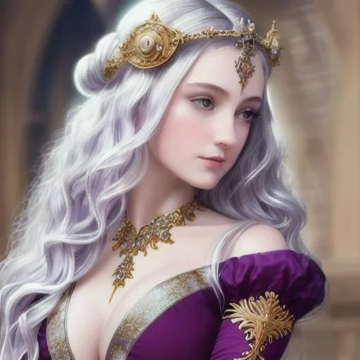 Prompt: Beautiful, medieval lady, fair skin, bright silver-gold hair, long flowing wavy hair, hair like moonlight, fine clear bright eyes, pale purple eyes, elegant, intricate detailed red dress, 4k, sad, pensive, graceful, detailed masterpiece, detailed composition, proportionate limbs, large bosom, hourglass figure, full body shot