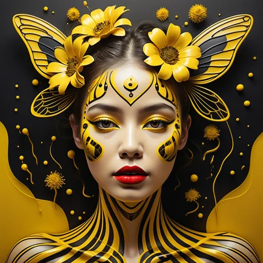 Prompt: (art masterpiece) Surreal full  body view, beautiful and attractive woman, face and body crafted from yellow and black lines resembling a bee pattern, large striking red lips with yellow specks , adorned with vibrant yellow decorations and flowers, ethereal ambiance, intricate details, dreamy background, expressive and captivating vibe, warm color tones, high depth, ultra-detailed, visually stunning.