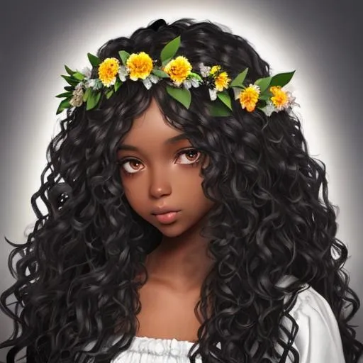 Girl, Long curly hair, black eyes, black skin, angel... | OpenArt