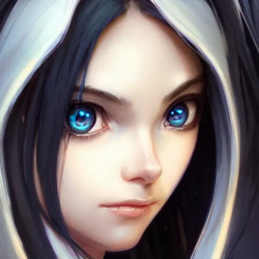 Prompt: Closeup face portrait of an elf, smooth soft skin, big dreamy eyes, beautiful intricate black hair, symmetrical, anime wide eyes, soft lighting, detailed face, by makoto shinkai, stanley artgerm lau, wlop, rossdraws, concept art, digital painting, looking into camera