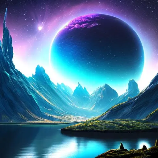 Prompt: Lovecraftian highly futuristic new planet landscape beautiful lake