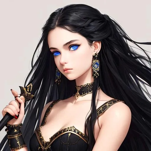 Prompt: An insanely beautiful girl around 16 years old. wearing black skull earrings. holding a sharp dagger in one hand. perfect anatomy, symmetrically perfect face. beautiful deep blue eyes. beautiful long black wavy hair. hyper realistic. no extra limbs or hands or fingers or legs or arms.