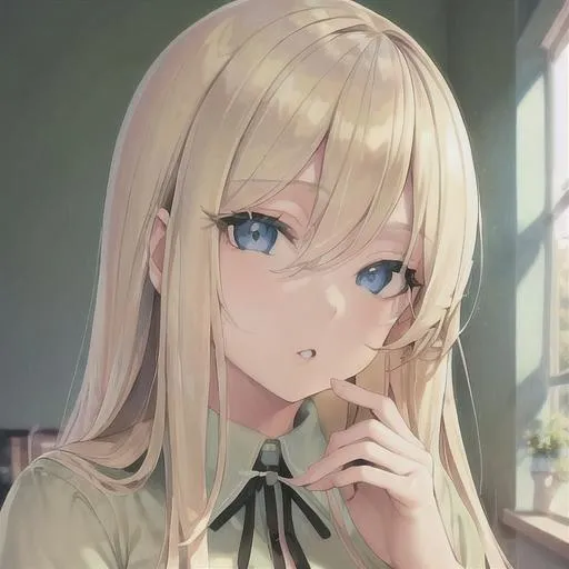 lofi girl, blonde hair, blue eyes, soft green clothe... | OpenArt