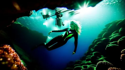 Prompt: woman in a dark cave underwater, in a shiny wetsuit, Beautifully frozen under water, Dark space.