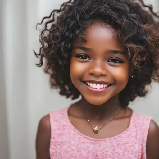 Prompt: black skinned girl with short wavy hair smiling gently