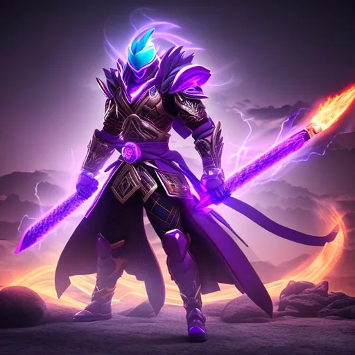 Prompt: sci-fi armoured ninja
 god in an electric aura holding a purple flaming sword riding a purple flame dragon in front of a snowy mountain with thunder comic style