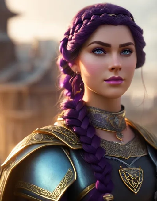 Prompt: she has dark purple hair, one braid in hair, create most beautiful fictional female viking princess warrior, dark purple hair, light blue eyes, extremely detailed environment, detailed background, intricate, detailed skin, professionally color graded, photorealism, 8k, moody lighting