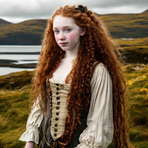 Prompt: Lass from scotland in 18th century,red curly long hair with yellow brown eyes, pale skin, with freckes, landscape nature scotland
Dressed with clothes from 1760 chubby face
 