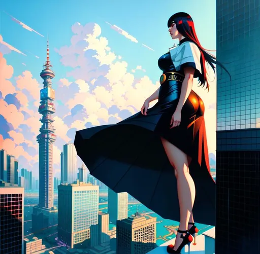 Prompt: gouache of a colossal, giant  woman standing on top of a tall building, a hyperrealistic painting by Ilya Kuvshinov, cgsociety, photorealism, ilya kuvshinov, cityscape, anime aesthetic