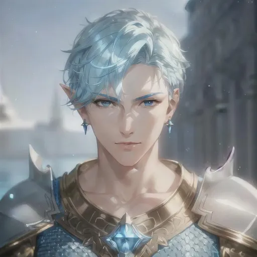 Prompt: male sea elf , light blue short hair, very handsome thin face, short hair, dnd, blue eyes , straight eyebrows, viking hairstyle, norse updo, viking updo, chainmail armor, earrings, holy emblem, 
perfect composition, photo realistic, super detailed, high quality, sharp focus, studio photo, intricate details, highly detailed