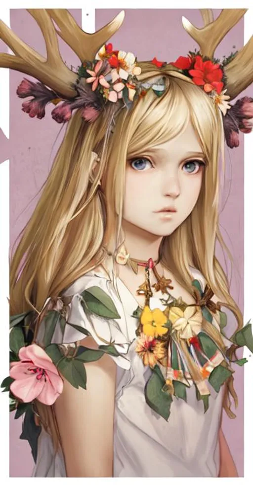 Prompt: Blond girl with flowers in her hair, antlers, crucifix around her neck