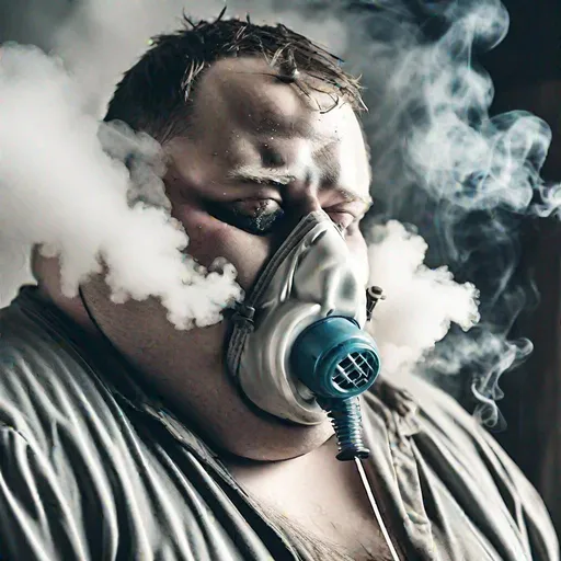 Prompt: Close up of Gay morbidly obese man with sad frightened eyes wearing a full gas mask belching thick white clouds while he's crying saddly and smoking meth begging for more with an IV line for liquid cocaine after wearing a nasal cannula in a police protected  crack house