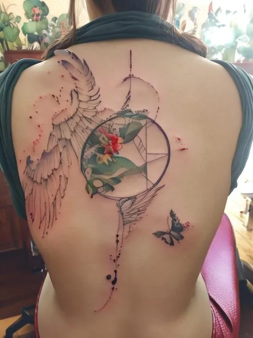 Prompt: Watercolor tattoo, botanic flower background, ART figurine with Wings closed in a circle 