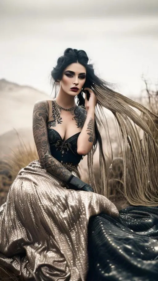 Prompt: Beautiful, Enigmatic, tattooed, Lilith, wearing a worn black dress, at the paramo, hyperrealistic, hyperdetailed, 16K, close-up, perfect composition, ambient light, textured skin, by Floria Sigismondi.