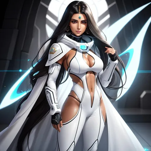 Prompt: Psyker, perfect composition, {25 year old}, lean tan skinned {arab woman}, wearing futuristic {white future tech robes}, {long brunette and black hair}, {hazel eyes}, peak fitness, determined expression, confident smirk, looking at viewer, 8k eyes, detailed symmetrical face, real, alive, real skin textures, 8k, cinematic volumetric light, proportional, sharp focus, studio photo, intricate details,