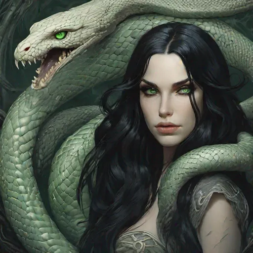 Prompt: stunning witch woman, long black hair, pale green eyes, pale skin, severe, black snake coiled around her, hogwarts, stunning, beautiful realism, intricate detail, epic lighting