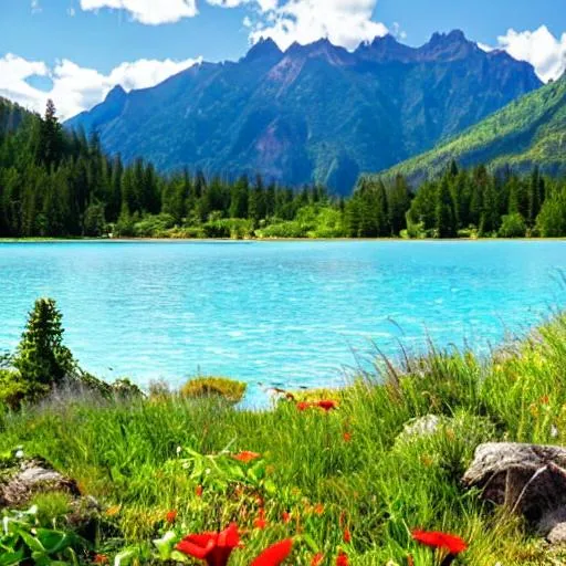 Prompt: nature scene of a calm crystal blue lake with large mountain in the background and small island in the foreground with trees, plants, and flowers, 8k,by Risa rodil, Dribbble, backgrounds, travel, landscape