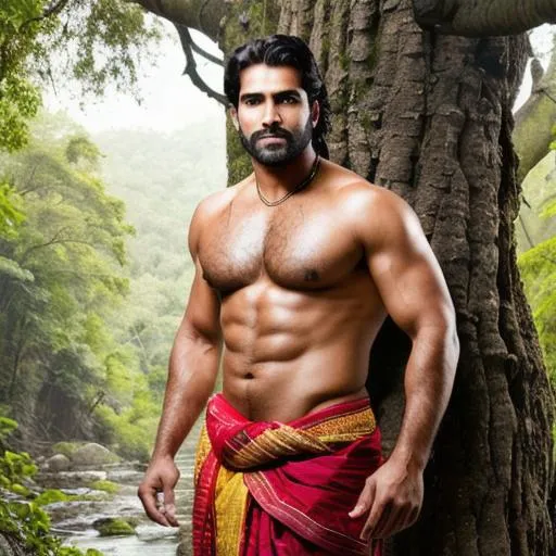 Prompt: "a hyperreal scene of hyperreal handsome rugged warrior hunk boy", indian weapon, ""hyperreal "detailed" face"", hanging from a tree in a dense forest at diwali, wearing shawl and dhoti, sweaty hairy chest, river, depth of field, arena, perfect composition, hyperrealistic, super detailed, 8k, high quality, trending art, trending on artstation, sharp focus, studio photo, intricate details, highly detailed, by greg rutkowski