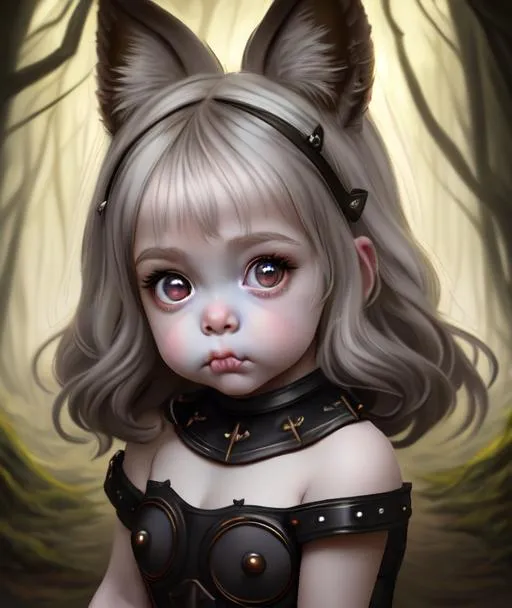 Prompt: chiaroscuro, Victorious full-body painting of a beautiful toddler girl with wolf ears, cute and adorable, big round eyes, big dreamy eyes, cute eyes, perfect eyes, beautiful eyes, pouting, puppy eyes, 8k resolution concept art, trending on artstation, trending on deviantart, pale skin, Forest setting, wearing battle armor, posing, dark colors,  hyperdetailed, intricately detailed, insanely detailed, beautiful eyes, beautiful face, Greg Rutkowski, Odd Nerdrum, Karol Bak, Fursona, kemono, kemonomimi