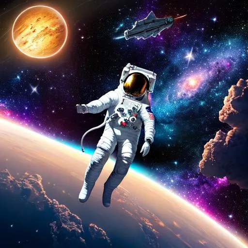 planets and galaxies, astronaut in middle, digital art | OpenArt