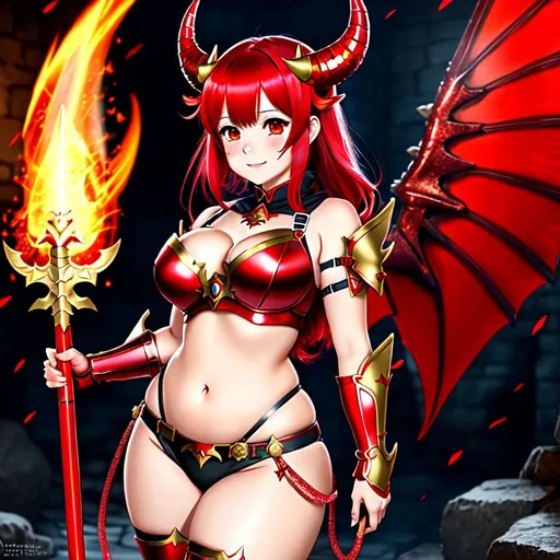 Prompt: cute anime girl, red devil horns, 4k quality, blushed face, shy, red dragon scale armor, a spear with fire enchantment, full body, beautiful, thick thighs, red eyes, short red hair, red dragon wings, standing, in a dungeon full of monsters