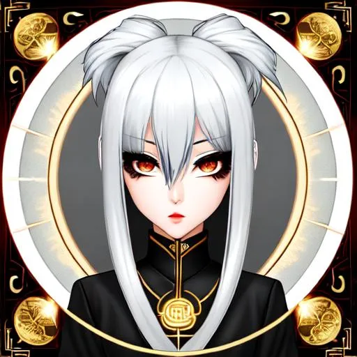 Prompt: A beautiful 15 year old ((Asian)) light elemental with  pale skin and a beautiful face. She has half black half white hair and black eyebrows. She wears a beautiful black dress with gold and red. She has dull grey eyes and black dilated pupils. She wears a gold necklase. She has a light aura around her. She is using light magic in battle. Epic battle scene art. Full body art. {{{{high quality art}}}} ((goddess)). Illustration. Concept art. Symmetrical face. Digital. Perfectly drawn. A cool background.