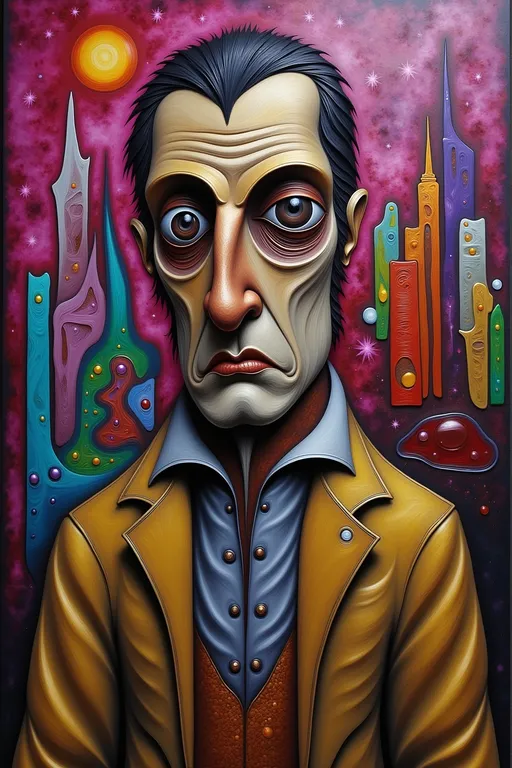 Prompt: abstract painting of a somber man in Mark Ryden style, odd buildings dotting the background
