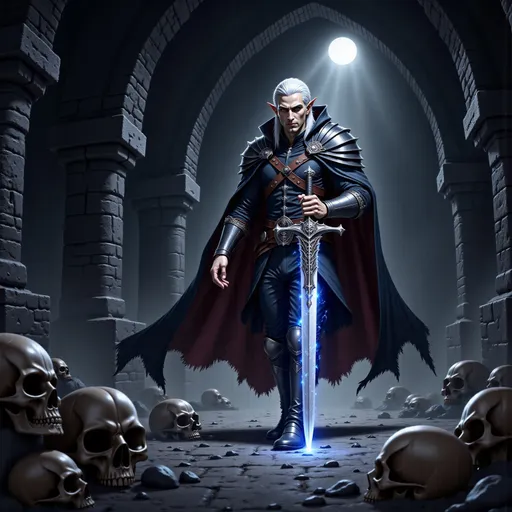 Prompt: A male elf @U422Dgsv7xQ8EglXmjzz walking nonchalantly through a dark, foreboding crypt, gripping a beautifully detailed silver greatsword. The sword's hilt is intricately designed to resemble raven wings, while the blade glows with vibrant blue magic, casting an ethereal light around him. The background features damp, dark obsidian stones, scattered with ominous skulls that enhance the eerie atmosphere. The scene is framed in a wide shot, capturing the elf's relaxed posture amidst the menacing surroundings, with flickering shadows dancing across the walls, creating a sense of depth and tension.