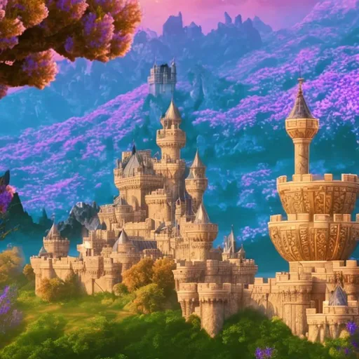 Prompt: Palace, Kingdom, Castle, Mountains, Lavender, flowers, 4k. HD, High Quality, Effects, Glowing.