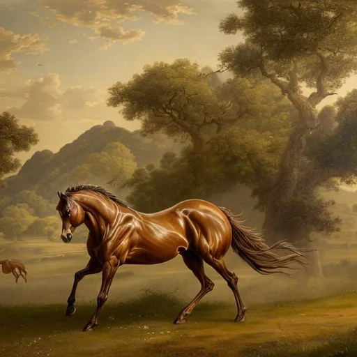 Prompt: The painting presents a sumptuous rural landscape where nature comes alive. In the center of the scene, an elegant horse is rewarded in full gallop. a subtly captures every aspect of the animal, from its golden brown coat with darker shades dancing across its flanks to the dynamic movement of its powerful limbs. The muscles under his skin glow slightly, bringing his vitality to life.

The horse's mane floats in the air, allowing a movement effect that evokes the sensation of the wind. His dilated nostrils testify to the effort in each stride. His eyes, deep black, are filled with an authentic equine expression, blending intelligence, curiosity and a spark of wild instinct.

In the background, a vast and serene horizon unfolds. The green hills gradually fade into a soft bluish mist that joins an azure sky dotted with fluffy clouds. The whole creates a harmonious and poetic atmosphere, accentuated by the mastery of AI in the subtle play of tones and textures.

This design is a marriage between the timeless beauty of nature and modern technology, where AI has managed to capture equine grace in all its glory. Every detail, from the mane to the reflections in the horse's eyes, shows the power of creating a striking and emotionally deep work of visual art.