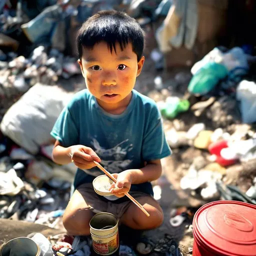 Prompt: A small asian child eating from a small tin can with chop sticks while living in a small tin hut adjacent to a disgusting garbage dump. 

