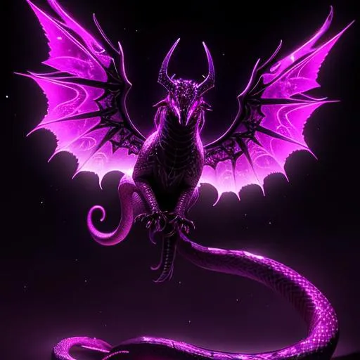 Prompt: a snake with six wings, eight eyes, and glowing magenta accents, almost like some undead shadow snake, with some bone-like patterning and long, twisty horns that seem to reach and graze the tip of the moon itself