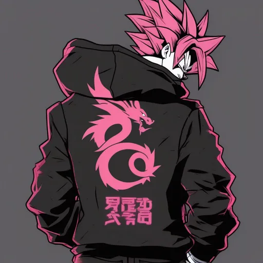 Prompt: Anime Style, Super Saiyan 4, Goku, wearing black hoodie with a pink dragon logo and black jeans.
