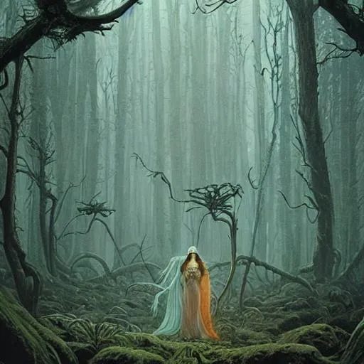Prompt: a beautiful couple in a spooky forest, by daniel - by greg rutkowski and raymond swanland hr giger and zdzislaw beksinski and alphonse mucha and moebius, matte painting, hyperdetailed, symmetry, art nouveau, beautiful render, concept art