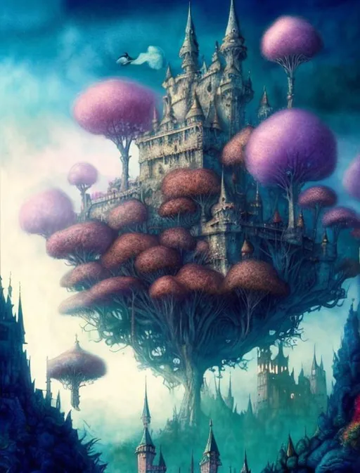 Prompt: A magical castle, floating in clouds, surrounded by funny trees. Art by Daniel Merriam, AURIKA PILIPONIENE, IRA KENNEDY, Arthur Rackham, MARIA SERAFINA Tribunella, DEBBIE CRISWELL, Arief Putra, Anita Inverarity,  Itzchak Tarkay, remedios varo. Super clear resolution, cinematic smooth, polished finish, watercolor ink.