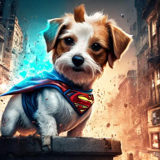 Prompt: splash art, hyper detailed, white and tan Jack Russell terrier in a superman suite, walking on the street, glamorous, immaculate HDR, UHD, high res, 64k, cinematic lighting, special effects, hd octane render, professional photograph, studio lighting, trending on artstation, perfect studio lighting, perfect shading. Model: DreamShaper V8