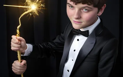 Prompt: 13 year old boy in a tuxedo casts a gold sparkle magic spell with his magic wand on a 5 year old girl